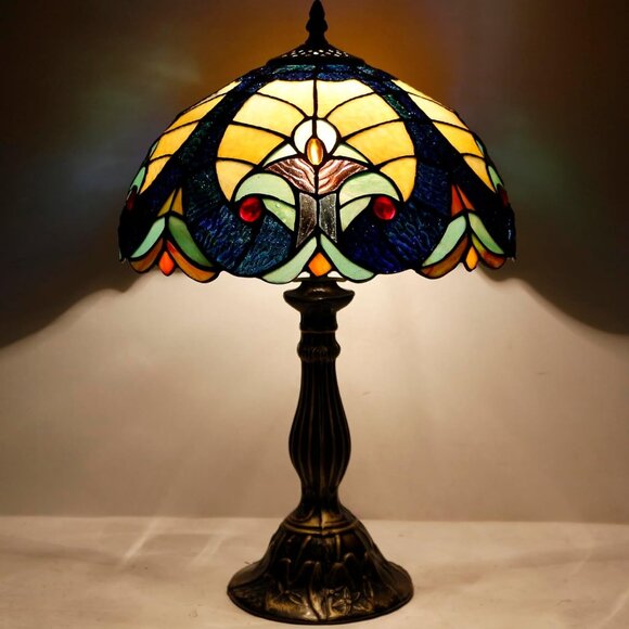 Tiffany Style Lamp Handcrafted Stained Glass Table Lamp Blue Yellow Liaison - Picture 2 of 4